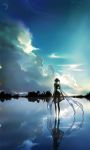 1girl absurdly_long_hair absurdres blue_sky clouds dress hatsune_miku highres kamachi_kamachi-ko lake long_hair reflection see-through see-through_silhouette signature sky solo twintails very_long_hair vocaloid 