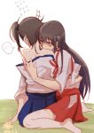  2girls akagi_(kantai_collection) blush brown_hair dated japanese_clothes kaga_(kantai_collection) kantai_collection long_hair multiple_girls nibbling raki_(kuroe) short_hair side_ponytail skirt thigh-highs yuri 