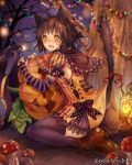  1girl animal_ears blush brown_hair cat_ears cat_tail eikou_no_guardian_battle fang hat highres jack-o&#039;-lantern lantern looking_at_viewer madogawa official_art open_mouth short_hair solo striped tail thigh-highs witch_hat yellow_eyes 