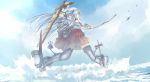  1girl airplane asobinikitahito boots bow_(weapon) flight_deck from_below gloves hairband hakama_skirt highres kantai_collection long_hair muneate shoukaku_(kantai_collection) sky solo surf tagme thigh-highs thigh_boots weapon white_hair 