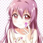  1girl collarbone crayon hair_intakes marking_on_cheek namori polka_dot polka_dot_background purple_hair solo sugiura_ayano violet_eyes yuru_yuri 