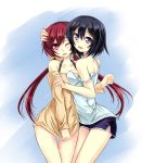  2girls asymmetrical_docking blue_hair breast_press hair_ribbon hand_on_another&#039;s_head highres hug joukamachi_no_dandelion kiryu264 long_hair looking_at_viewer looking_back low_twintails multiple_girls open_mouth red_eyes redhead ribbon sakurada_akane sakurada_kanade shirt_tug short_hair shorts siblings sisters smile strap_slip thigh_gap twintails violet_eyes 