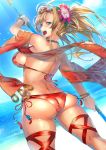  1girl :d absurdres ass back bare_shoulders beach bikini blonde_hair blue_eyes blue_sky blush bracelet braid breasts clouds earrings flower from_behind glasses granblue_fantasy hair_flower hair_ornament hibiscus highres holding horizontal_stripes jewelry leaf light_particles lips long_hair looking_back open_mouth outdoors panties pokkora red-framed_glasses red_bikini semi-rimless_glasses side-tie_panties sideboob sky smile solo sparkle striped sunglasses sunglasses_on_head swimsuit teeth twintails under-rim_glasses underwear water zeta_(granblue_fantasy) 