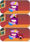  2girls 3koma :d ^_^ bat_wings blush book bookshelf bow chibi_on_head closed_eyes comic crescent demon_tail dozy_(d_mendozer) dress faceless faceless_female full-face_blush hair_bow hair_ribbon happy hat head_wings holding holding_book jump_rope koakuma long_hair long_sleeves low-tied_long_hair minigirl mob_cap multiple_girls necktie open_book open_mouth outstretched_arms patchouli_knowledge person_on_head playing_with_another&#039;s_hair purple_dress purple_hair reading redhead ribbon shirt silent_comic smile spread_arms table tail touhou tress_ribbon white_shirt wings 