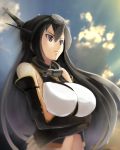  1girl bare_shoulders black_hair blue_sky breast_hold breasts clouds crossed_arms frown gloves hairband headgear huge_breasts kantai_collection large_breasts long_hair nagato_(kantai_collection) navel outdoors serious sky solo sunlight tokumaro upper_body 