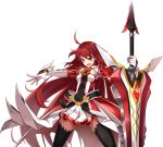  1girl ahoge angry armor armored_dress black_legwear blush elbow_gloves elesis_(elsword) elsword gloves grand_master_(elsword) highres huge_weapon long_hair necktie official_art open_mouth pantyhose red_eyes redhead ress skirt solo sword thigh-highs very_long_hair weapon white_gloves white_skirt 