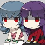  2girls akira_(natsumemo) blue_hair chibi dual_persona lowres multiple_girls natsume_(pokemon) pokemon pokemon_(game) pokemon_hgss pokemon_rgby purple_hair red_eyes seiza sitting 