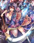  1girl black_hair breasts budget_sarashi eikou_no_guardian_battle highres japanese_clothes long_hair looking_at_viewer madogawa official_art open_mouth polearm ponytail red_eyes sarashi solo spear thigh-highs weapon 