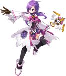  1girl aisha_(elsword) bow brown_gloves coat elemental_master_(elsword) elsword gloves official_art pink_bow purple_hair purple_legwear purple_skirt ress shoes short_hair skirt solo thigh-highs twintails violet_eyes wand 