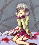  1girl beikeice blood blood_stain bloody_clothes bloody_wings chain commentary_request covering_mouth dress jacket kishin_sagume red_eyes short_hair silver_hair single_wing tears touhou wings 