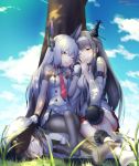  1boy 2015 2girls admiral_(kantai_collection) against_tree bangs bare_shoulders black_hair black_legwear blue_sky blunt_bangs blurry bodysuit breasts brown_hair clouds crossed_legs dappled_sunlight dated depth_of_field detached_sleeves feet full_body fusou_(kantai_collection) gloves grass hair_ornament hair_ribbon hat headband headgear highres jewelry kantai_collection long_hair looking_at_viewer man_arihred military military_uniform multiple_girls murakumo_(kantai_collection) naval_uniform necktie nontraditional_miko one_eye_closed open_mouth orange_eyes outdoors pantyhose peaked_cap red_eyes remodel_(kantai_collection) ribbon ring sailor_dress shade short_hair sitting sitting_on_person sky small_breasts smile socks thighband_pantyhose tree tress_ribbon uniform white_hair 