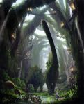  1boy bridge dinosaur fantasy highres makkou_4 mushroom original scenery treehouse 