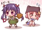  &gt;_&lt; 2girls black_gloves blue_skirt chibi closed_eyes closed_mouth cowering ebisuzawa_kurumi fingerless_gloves flying_sweatdrops gakkou_gurashi! gloves grouse01 hair_ornament hat long_hair multiple_girls open_mouth pillow_hat pink_hair purple_hair school_uniform short_hair short_sleeves shovel skirt sweat takeya_yuki twintails wavy_mouth worktool 