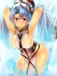  1girl arms_up blue_hair blush cowboy_shot edobox granblue_fantasy hat leaning_forward long_hair looking_at_viewer smile solo sophia_(granblue_fantasy) twintails wading water wet 