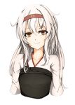  1girl arms_at_sides brown_eyes collarbone hairband headband japanese_clothes kantai_collection long_hair looking_at_viewer miko muneate north shoukaku_(kantai_collection) silver_hair simple_background smile solo upper_body white_background 
