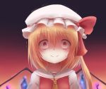  1girl anger_vein angry ascot blonde_hair constricted_pupils flandre_scarlet hat highres kuro_(baseball0000) red_eyes short_hair side_ponytail smile solo touhou trembling wings 