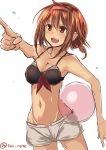  1girl ahoge bikini_top breasts brown_hair cleavage cowboy_shot hair_ornament hairband kantai_collection open_mouth pointing shiratsuyu_(kantai_collection) short_hair short_shorts shorts sketch solo tai_(nazutai) tan twintails twitter_username unbuttoned water_balloon 