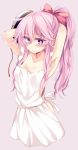  1girl adjusting_hair apron armpits blush breasts hata_no_kokoro highres mask matsuri_uta naked_apron pink_hair ponytail solo touhou violet_eyes 