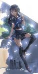  1girl black_eyes black_hair highres kazeno long_hair original popsicle school_uniform solo thigh-highs 