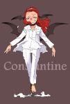  1girl bat_wings constantine cosplay formal head_wings koakuma long_hair lucifer_(constantine) lucifer_(constantine)_(cosplay) onikobe_rin redhead smile solo suit touhou wings 
