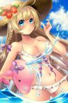  1girl artist_request bikini blonde_hair blue_eyes braid breasts character_request cleavage clouds dolphin flower frilled_bikini frills hair_ribbon hat hat_flower highres long_hair looking_at_viewer rabbi ribbon sun_hat swimsuit sword_girls wading water white_bikini white_swimsuit 