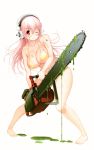  1girl absurdres barefoot bikini blush breasts chainsaw curvy frown full_body headphones highres large_breasts long_hair nitroplus official_art pigeon-toed pink_hair red_eyes scan simple_background slime super_sonico swimsuit tsuji_santa weapon wink 