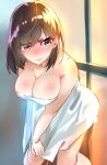  1girl absurdres blush breasts brown_eyes brown_hair covering frown highres large_breasts leaning_forward naked_towel original rolua short_hair solo towel 