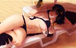  1girl alcohol beach black_hair bracelet breasts champagne fubuki_(onepunch_man) green_eyes jewelry large_breasts looking_at_viewer lying on_side onepunch_man short_hair smile solo soumakyo sunglasses thighs under_boob 