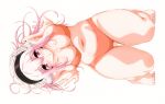  1girl absurdres barefoot bikini breasts headphones highres large_breasts long_hair nitroplus official_art pink_eyes pink_hair scan solo soniani striped striped_background super_sonico swimsuit tamura_masafumi 