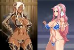  2girls armor bikini bikini_armor blue_eyes breasts dark_skin enoshima_iki horns multiple_girls pink_hair swimsuit sword weapon 