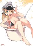  1girl ;d artist_name bare_legs bikini blonde_hair breasts cleavage cup flower green_eyes hair_flower hair_ornament hair_ribbon hat in_container in_cup kantai_collection long_hair one_eye_closed open_mouth peaked_cap prinz_eugen_(kantai_collection) ribbon sensen smile solo swimsuit twintails 