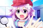  absurdres cabbie_hat choujigen_game_neptune d-pad hair_ornament hat highres looking_at_viewer magnifying_glass neptune_(choujigen_game_neptune) neptune_(series) open_mouth planeptune purple_hair short_hair 