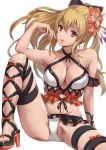  1girl ankle_lace-up arm_support bangs bikini black_bow blonde_hair bow breasts cleavage collarbone criss-cross_halter cross-laced_footwear elbow_on_knee finger_to_mouth fingernails flower frilled_bikini frills granblue_fantasy hair_bow hair_flower hair_ornament halter_top halterneck hibiscus knee_up large_breasts light_smile long_fingernails long_hair looking_at_viewer open_mouth orange_bow parted_lips ponytail red_eyes sakiyamama simple_background sitting solo spread_legs swimsuit thigh-highs vira white_background white_bikini white_swimsuit 