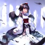  1girl black_hair feathered_wings feathers hat kourindou_tengu_costume long_sleeves looking_at_viewer obi partially_submerged red_eyes ribbon_trim sash settyaro shameimaru_aya short_hair solo tokin_hat touhou water wings 