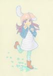  1girl animal_ears animal_hat ankle_boots aqua_legwear artist_name blush boots brown_boots brown_hair bunny_hat buttons cabbie_hat dress hat horizontal-striped_dress jacket leg_up long_hair long_sleeves looking_at_viewer open_clothes open_jacket original paw_pose purple_dress rabbit rabbit_ears smile solo standing_on_one_leg star striped striped_dress tanaka_kunihiko thigh-highs violet_eyes yellow_background zettai_ryouiki 