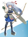  1girl arrow bag bow_(weapon) brown_eyes cosplay fudeyama_(fudeco) grey_hair japanese_clothes kaga_(kantai_collection) kaga_(kantai_collection)_(cosplay) kantai_collection long_hair muneate murakumo_(kantai_collection) quiver side_ponytail standing thigh-highs weapon 