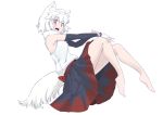  1girl animal_ears barefoot breasts inubashiri_momiji kokutei_n looking_at_viewer open_mouth red_eyes short_hair silver_hair simple_background skirt solo tail touhou white_background white_hair wolf_ears wolf_tail 