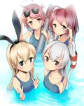  amatsukaze_(kantai_collection) blonde_hair blue_eyes grey_eyes guranyto i-168_(kantai_collection) i-58_(kantai_collection) kantai_collection multiple_girls pink_eyes pink_hair ponytail red_eyes redhead school_swimsuit shimakaze_(kantai_collection) short_hair sunglasses swimsuit torpedo twintails v 