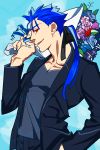  1boy blue_hair bouquet fate/stay_night fate_(series) flower formal lancer o-rui ponytail solo suit 