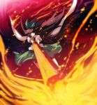  1girl arm_cannon black_hair black_wings bow cape firing hair_bow long_hair puffy_short_sleeves puffy_sleeves reiuji_utsuho shirt short_sleeves skirt smile solo third_eye tokiame touhou very_long_hair weapon wind wings 