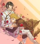  207 black_hair blonde_hair blue_eyes braid bruno_bucciarati closed_eyes flower giorno_giovanna gradient gradient_background hair_ornament hairclip highres jojo_no_kimyou_na_bouken multicolored_background rose zipper zoom_layer 