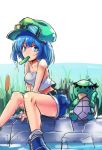  1girl alternate_costume blue_eyes blue_hair breasts cattail cucumber eating goggles_on_hat hair_bobbles hair_ornament hat highres kappa kawashiro_nitori knees_together_feet_apart koissa looking_at_viewer plant short_hair shorts sitting solo tank_top touhou twintails two_side_up v_arms 