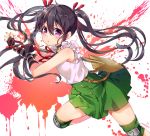  1girl black_hair ebisuzawa_kurumi fingerless_gloves gakkou_gurashi! gloves highres knee_pads long_hair nonomaro school_uniform shovel skirt solo splatter twintails violet_eyes worktool 