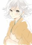  1girl alternate_costume alternate_hair_length alternate_hairstyle hiryuu_(kantai_collection)_(cosplay) japanese_clothes kantai_collection looking_up madori_(sayuri5) short_hair silver_hair solo unryuu_(kantai_collection) upper_body yellow_eyes 