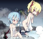  2girls alternate_hairstyle bat_wings bathing blonde_hair blue_hair blush fang flandre_scarlet hair_ribbon multiple_girls naked_towel naughty_face noya_makoto nude onsen open_mouth pointy_ears ponytail red_eyes remilia_scarlet ribbon siblings sisters sitting smile standing steam sweat touhou towel wings 