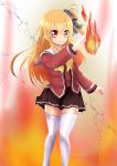  1girl absurdres blonde_hair charlotte_(anime) fire highres long_hair nishimori_misa red_eyes school_uniform side_ponytail thigh-highs yuki_isuke 