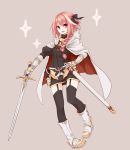  1boy boots braid fang fate/apocrypha fate_(series) garter_straps hair_ribbon highres long_hair namec0 otoko_no_ko pink_hair ribbon rider_of_black single_braid sword thigh-highs weapon 