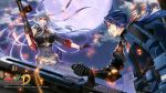  2girls bare_shoulders blue_eyes blue_hair blurry breasts clenched_teeth copyright_name depth_of_field fighting full_moon gloves gun highres imca large_breasts long_hair looking_at_another military military_uniform moon multiple_girls murakami_yuichi night night_sky ponytail red_eyes sega selvaria_bles senjou_no_valkyria silver_hair sky sparks uniform var watermark weapon 