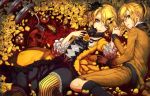  1boy 1girl aku_no_meshitsukai_(vocaloid) aku_no_musume_(vocaloid) blonde_hair blood brother_and_sister butterfly dearrose dress fan flower folding_fan hair_flower hair_ornament hairclip highres holding_hands kagamine_len kagamine_rin looking_at_viewer pantyhose partially_submerged ponytail rose short_hair siblings skull striped striped_legwear twins vocaloid yellow_eyes yellow_rose 
