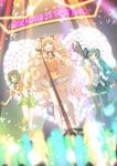  3girls :d ;d ahoge aqua_eyes aqua_hair arms_up blonde_hair blue_eyes boots bracelet detached_sleeves glowstick goggles green_eyes green_hair gumi hatsune_miku heart jewelry knee_boots long_hair looking_at_viewer microphone microphone_stand midriff multiple_girls musical_note navel necktie one_eye_closed open_hand open_mouth pleated_skirt seeu shoes shye skirt sleeveless smile sparkle stage suspenders thigh-highs twintails very_long_hair vocaloid zettai_ryouiki 